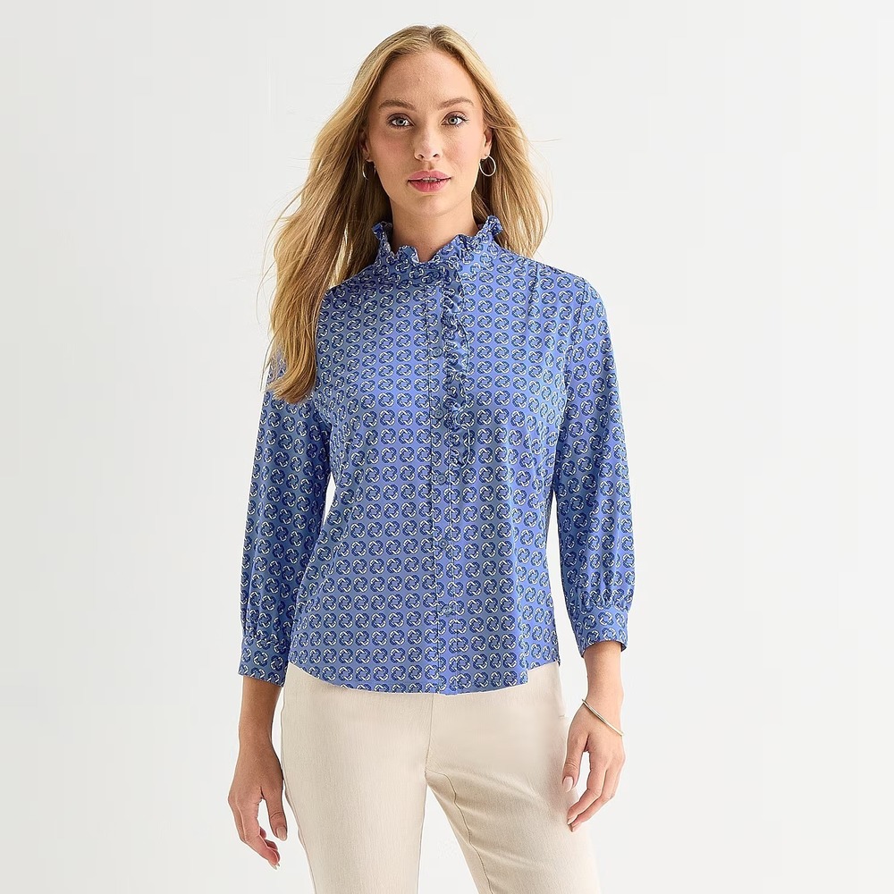MSRP $48 Liz Claiborne Womens XS Blue Linked Geo 3/4 Sleeve Blouse